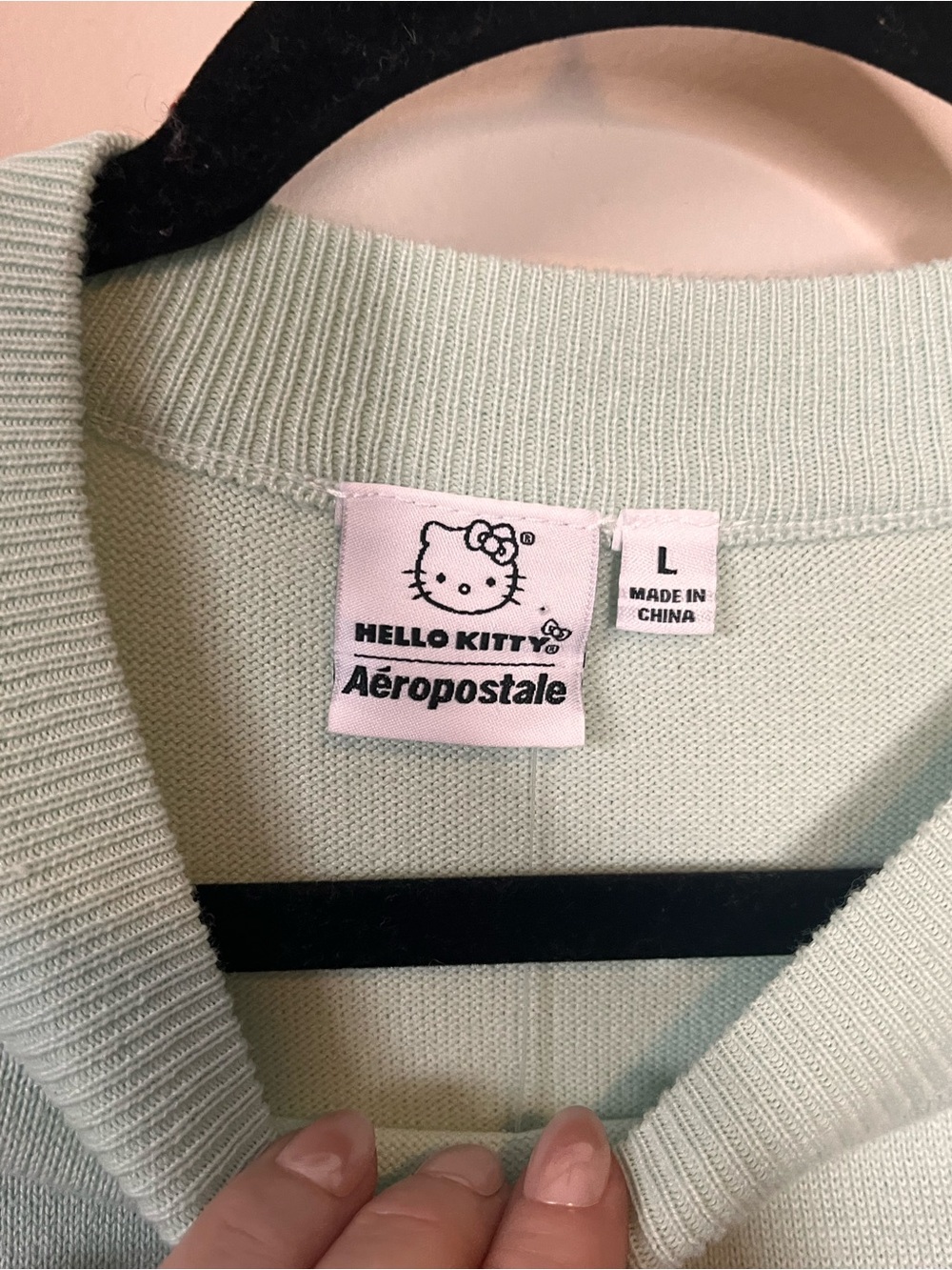 HELLO KITTY x AEROPOSTALE Mint Knit Sweater Sequin Bow Graphic Size L NWT - Picture 5 of 7